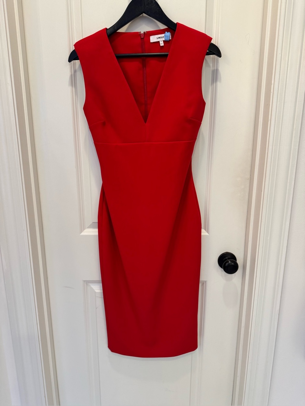 Likely Bold Red V-Neck Midi Sheath Dress